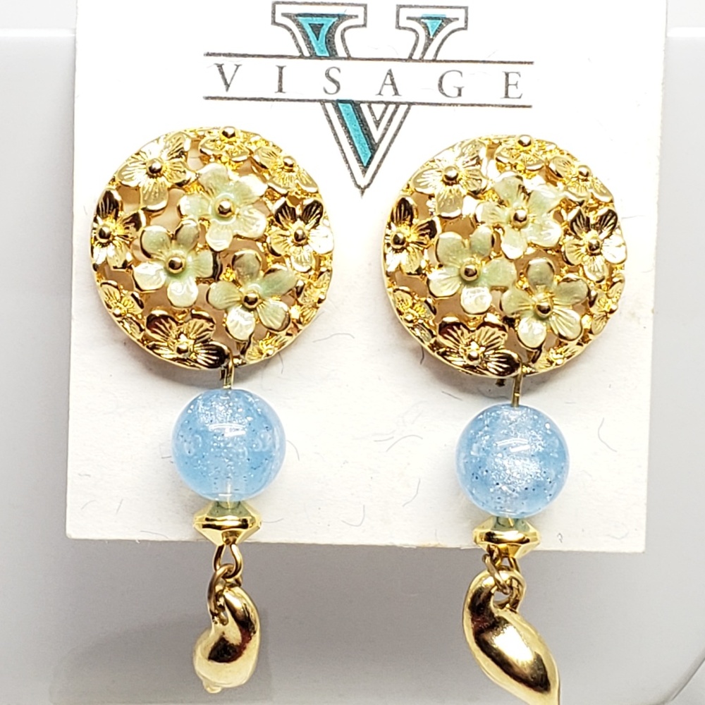 VisageEarrings Drop Blue Glass GoldTone
